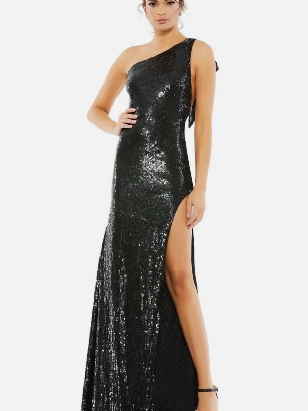 Mac Duggal Black One-Shoulder Sequin Maxi Dress with Side Slit